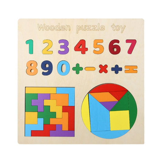 Educational Wooden Number Puzzle Board with Mathematical Symbols and Geometric Tangrams