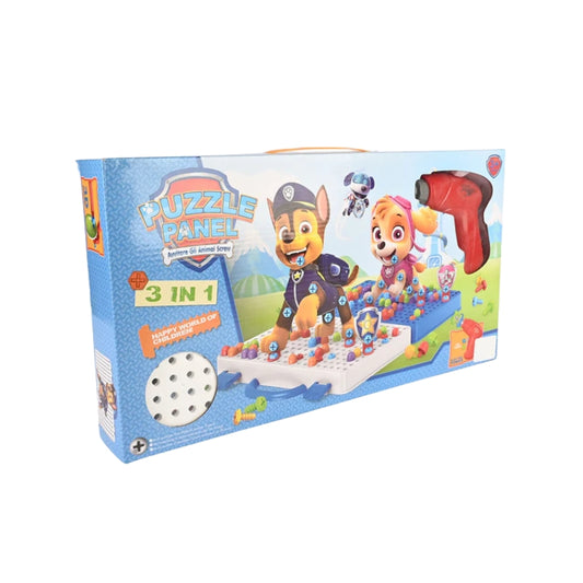 3-in-1 Paw Patrol Theme Mosaic Puzzle Panel and Creative Screw Drill Set for Kids