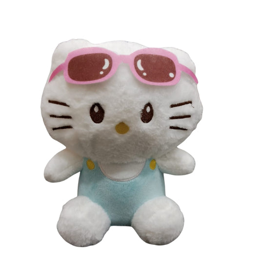 Hello Kitty Plush Toy wearing pink sunglasses and blue overalls.