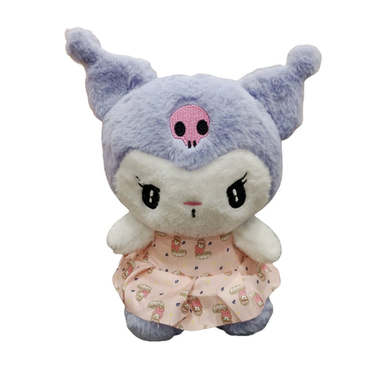 Pink hooded stuffed character toy with a blue and yellow flower on the ear.