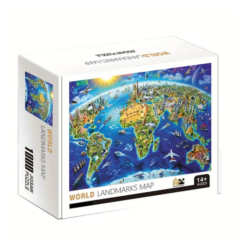 1000-Piece World Landmarks Map Jigsaw Puzzle for Adults and Teens