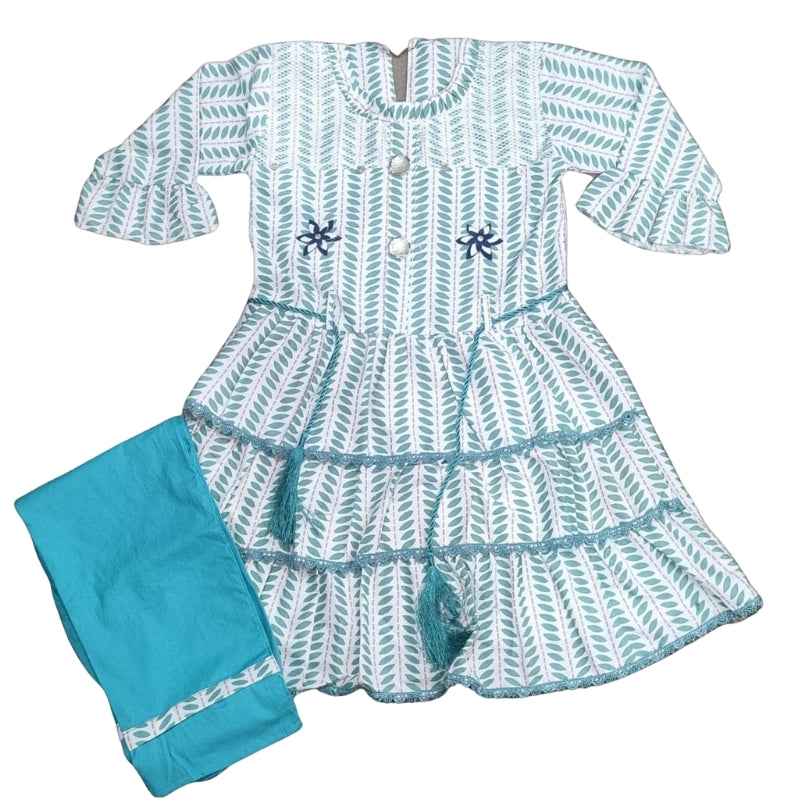Cool Design Frock With Blue Trouser For Girls