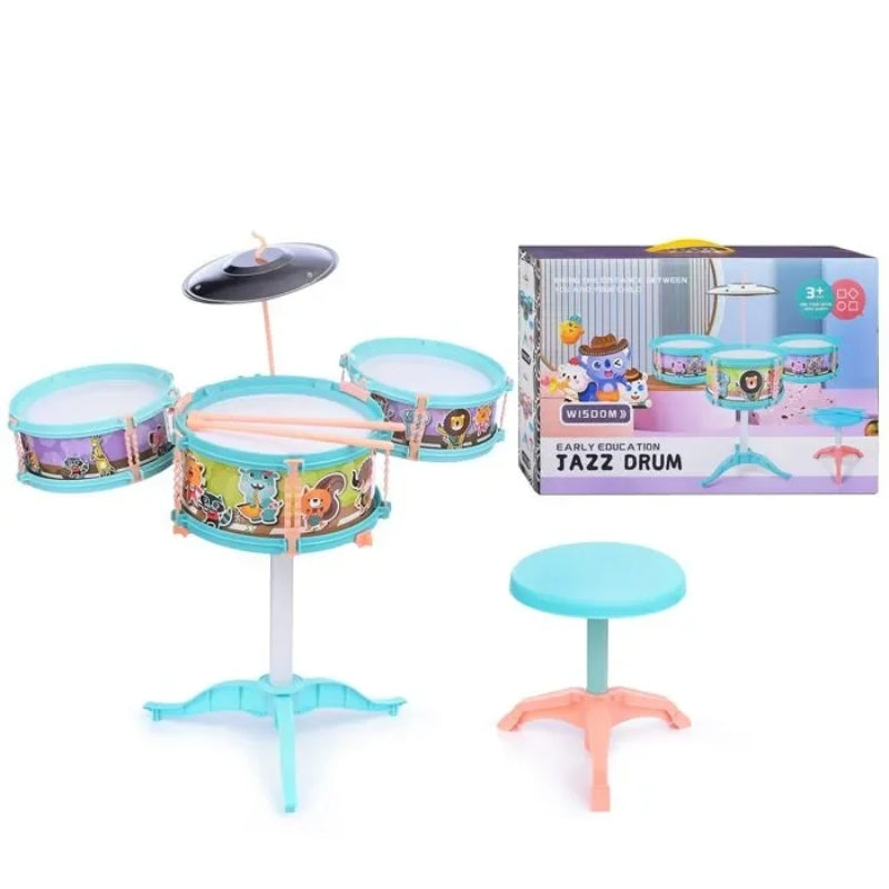 Children's Creativity Jazz Drum Kit Play Set With 4 Music Card & Stool