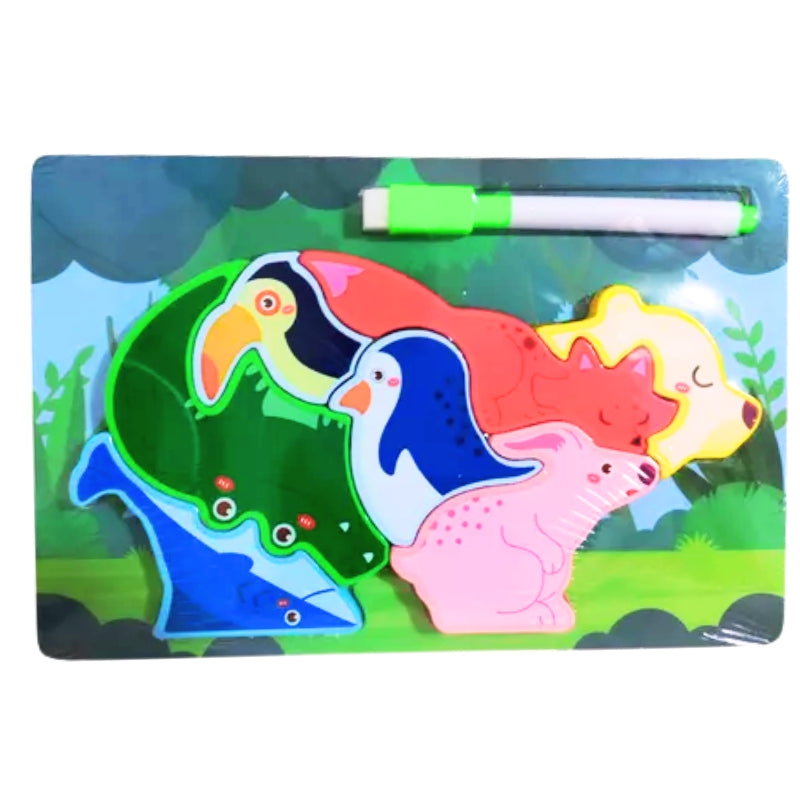 Colorful Wooden Rabbit, Crocodile & More Animal Puzzle with Drawing Board – Learn & Play Fun