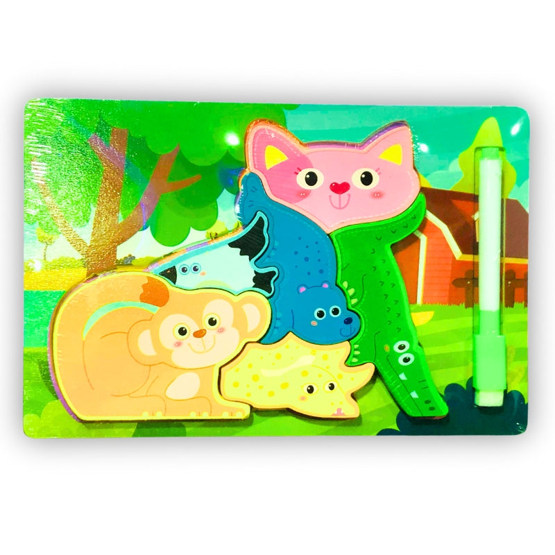 Cute Animal Friends Wooden Puzzle with Drawing Board – Learn & Play Adventure