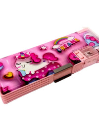 Cartoon Printed Pencil Box With 3 Compartments & Sharpener
