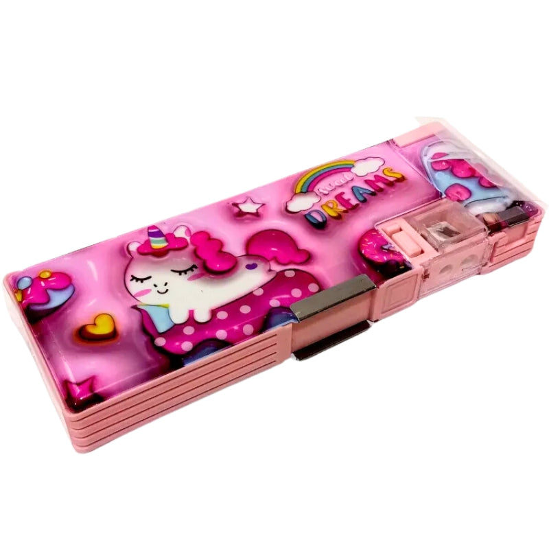 Cartoon Printed Pencil Box With 3 Compartments & Sharpener