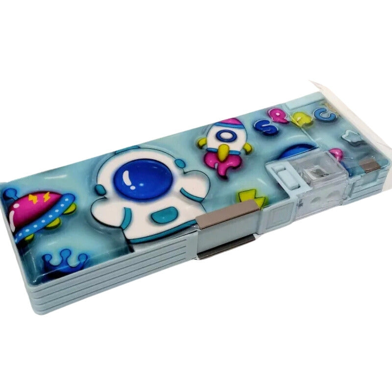 Cartoon Printed Pencil Box With 3 Compartments & Sharpener