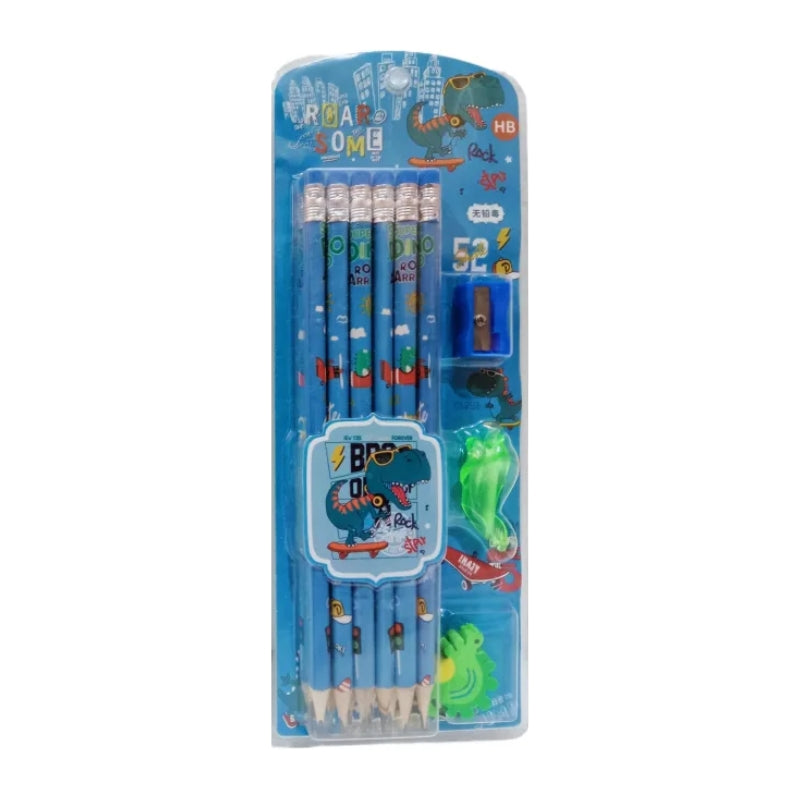 Dino HB Pencil Set With Attached Eraser And Sharpener - 12 Pcs (Blue)