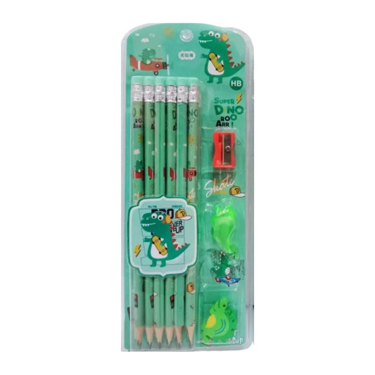 Dino HB Pencil Set With Attached Eraser And Sharpener - 12 Pcs (Green)