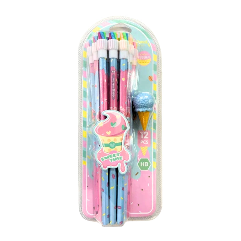 Sweet Time Icecream HB Pencil Set With Attached Eraser - 12 Pcs