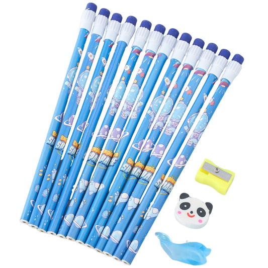 Astronaut HB Pencil Set With Attached Eraser And Sharpener - 12 Pcs (Deal)