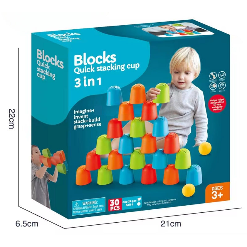 3 In 1 Quick Stacking Building Cup Playset For Kids - 30 Pcs