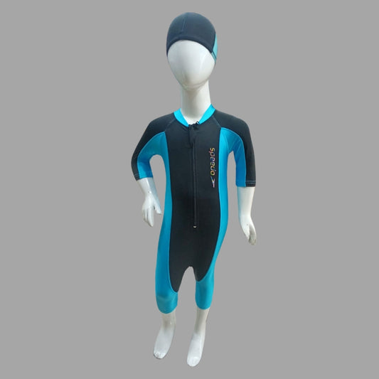 Speedo Single Piece Zipper Swimming Costume With Cap For Kids - Sky Blue / Dark Blue