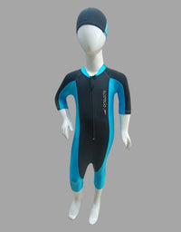 Speedo Single Piece Zipper Swimming Costume With Cap For Kids - Sky Blue / Dark Blue
