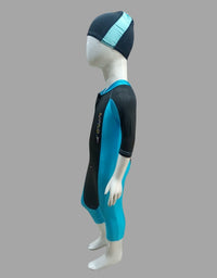 Speedo Single Piece Zipper Swimming Costume With Cap For Kids - Sky Blue / Dark Blue
