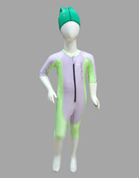 Speedo Single Piece Zipper Swimming Costume With Cap For Kids - Purple / Green
