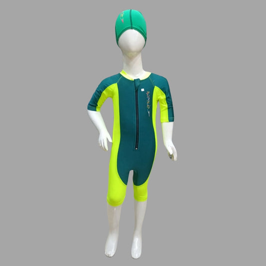 Speedo Single Piece Zipper Swimming Costume With Cap For Kids - Dark Green / Yellow