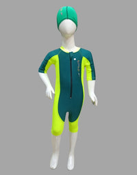 Speedo Single Piece Zipper Swimming Costume With Cap For Kids - Dark Green / Yellow
