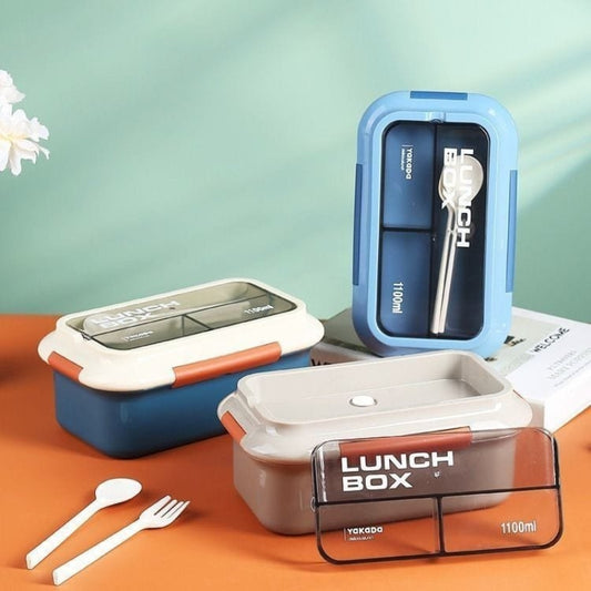 Dual Compartment Lunch Box With Spoon & Fork For Kids - 1100ml (Assorted)