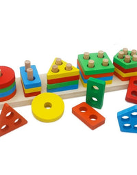 Five Column Geometry Colorful Wooden Blocks Stacking Puzzle Toy For Kids
