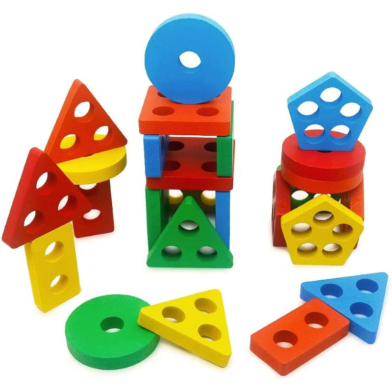 Five Column Geometry Colorful Wooden Blocks Stacking Puzzle Toy For Kids