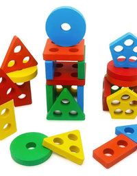 Five Column Geometry Colorful Wooden Blocks Stacking Puzzle Toy For Kids
