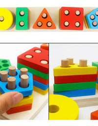 Five Column Geometry Colorful Wooden Blocks Stacking Puzzle Toy For Kids
