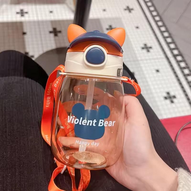 Cute Violent Bear Design Water Bottle With Straw & Strap For Kids