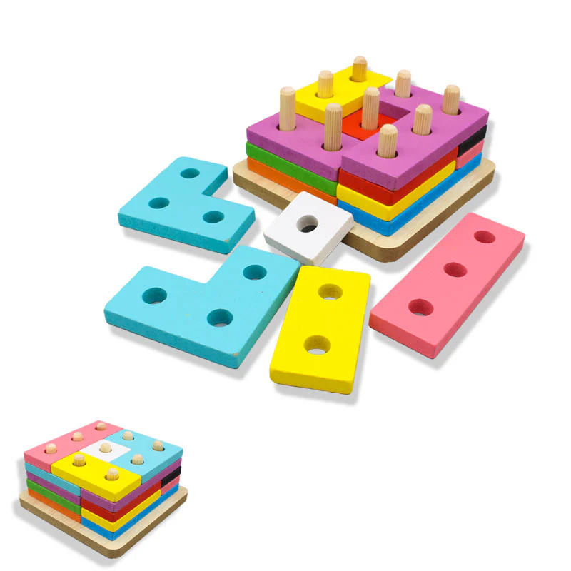 Wooden Assembled Shapes Blocks Puzzle Sorting Staking Color