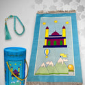 Kids' Islamic Prayer Set with Money Saving Box – Vibrant Prayer Mat, Premium Tasbeeh & Coin Bank Combo Best Gift for Ramadan (Blue Colors)