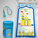 Kids' Islamic Prayer Set with Money Saving Box – Vibrant Prayer Mat, Premium Tasbeeh & Coin Bank Combo Best Gift for Ramadan (Blue Colors)