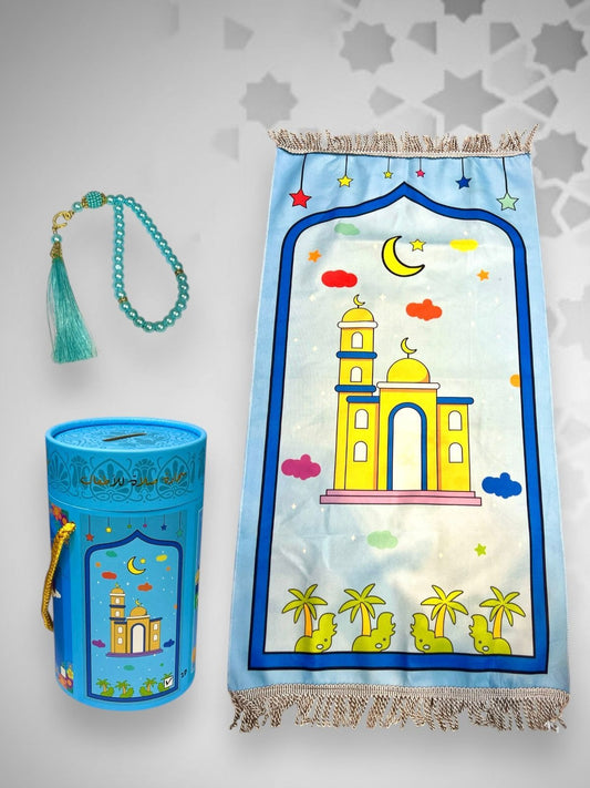 Kids' Islamic Prayer Set with Money Saving Box – Vibrant Prayer Mat, Premium Tasbeeh & Coin Bank Combo Best Gift for Ramadan (Blue Colors)