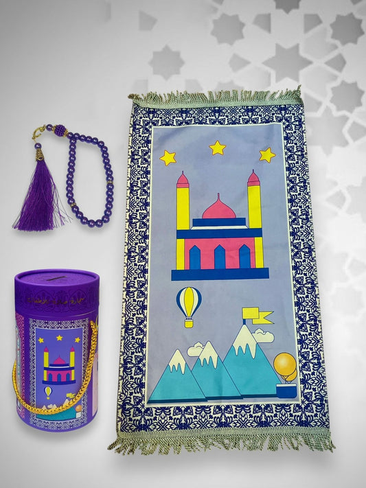 Kids' Islamic Prayer Set with Money Saving Box – Vibrant Prayer Mat, Premium Tasbeeh & Coin Bank Combo Best Gift for Ramadan