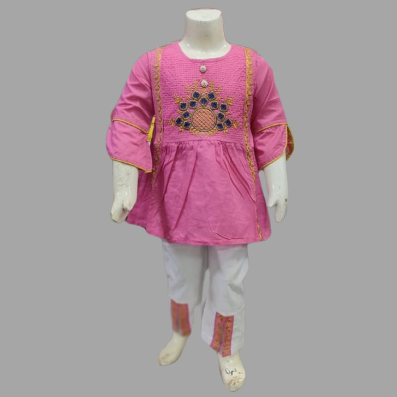Embroidered Cotton Fabric Frock With Pajama For Kids