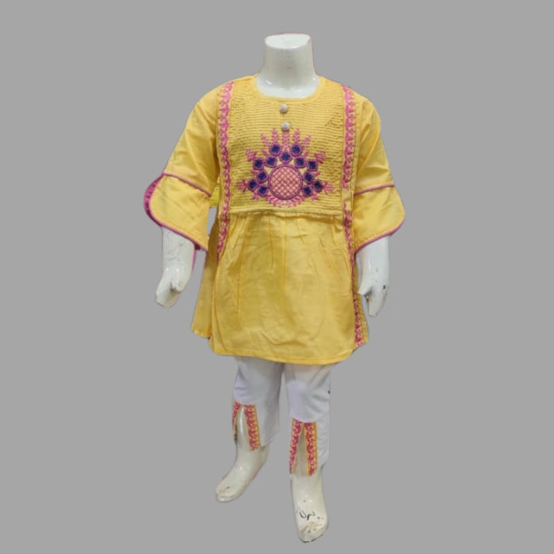 Embroidered Cotton Fabric Frock With Pajama For Kids