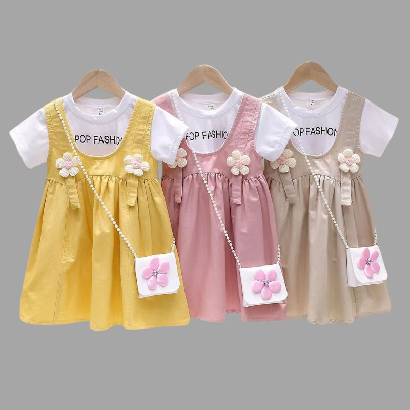 Pop Fashion Cotton Frock With Cross Bag For Kids