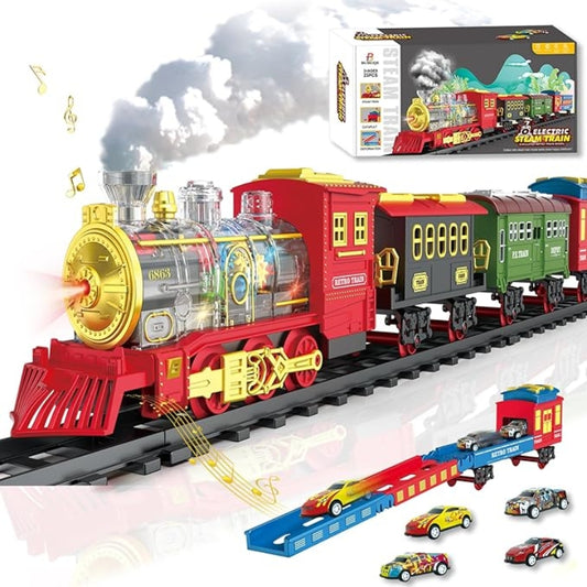 Deluxe Electric Steam Train Set – Light, Sound & Smoke with Bonus Car Transporter