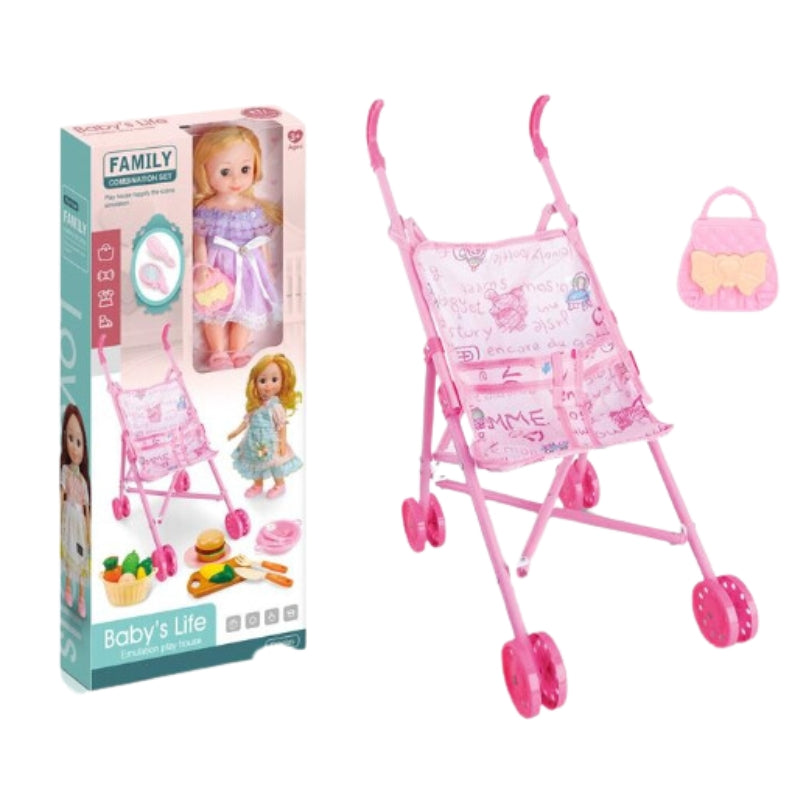 Cute Fashion Plastic Doll With Stroller Accessories Toy For Girls