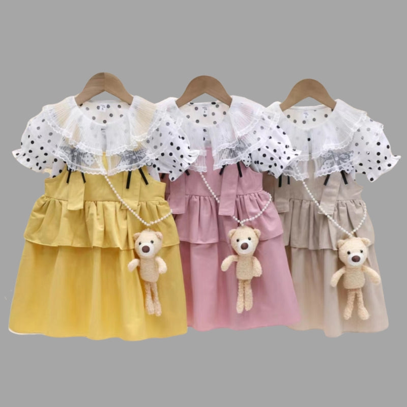 Adorable Cotton Brock Button Frock With Teddy For Kids