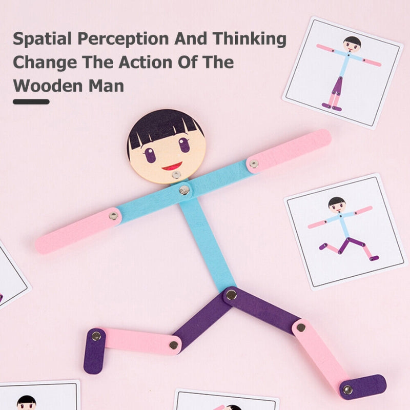 Wooden Man Educational Toy With 24 Cards And 48 Actions For Kids