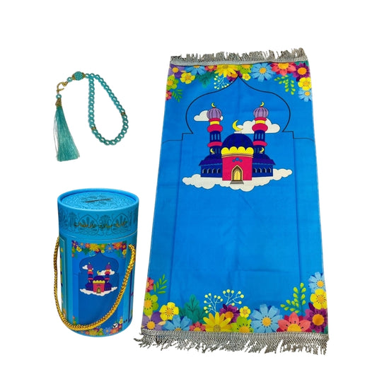 Kids' Islamic Prayer Set with Money Saving Box – Vibrant Prayer Mat, Premium Tasbeeh & Coin Bank Combo Best Gift for Ramadan (Blue Colors)