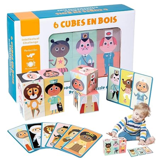 18 Challenges · 6 Wooden Character Cubes  Perfect for travel