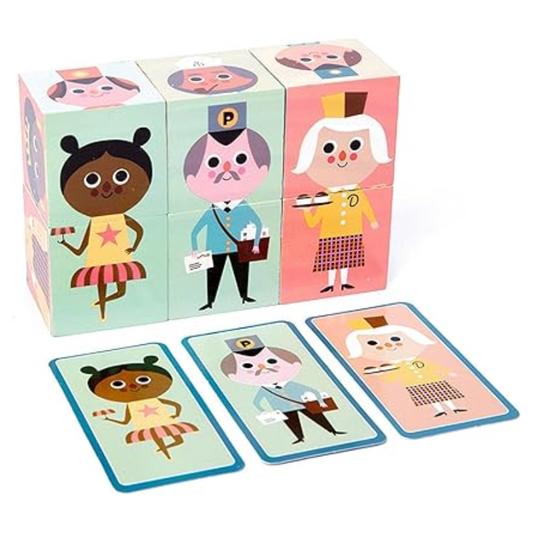 18 Challenges · 6 Wooden Character Cubes  Perfect for travel