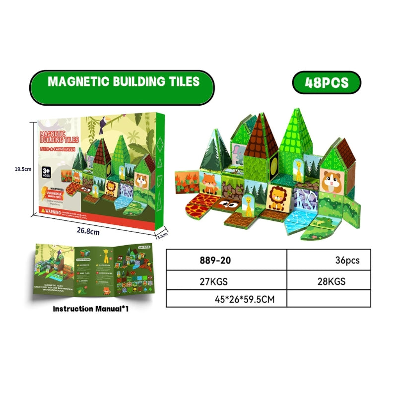 Jungle Safari Adventure 48-Piece Magnetic Building Tiles Set for Kids (Model 889-20) – Brand New