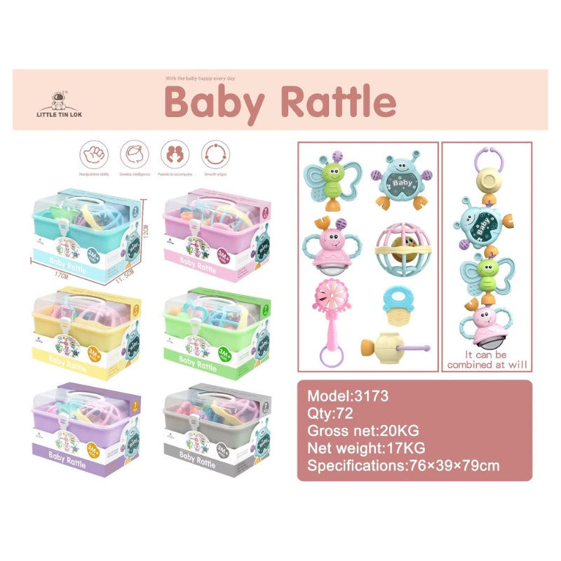 Little Tin Lok 7-Piece Baby Rattle & Teether Set with Storage Case – Brand New Newborn Sensory Gift Set