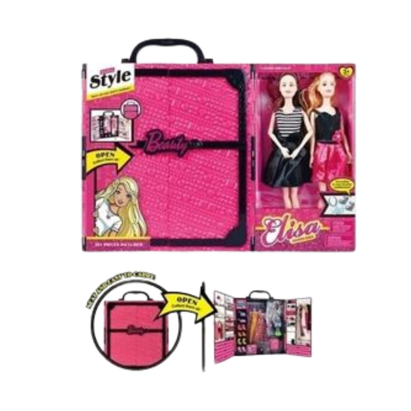 Elisa Fashion Doll Beauty Wardrobe & Closet Playset – Brand New 2-Doll Dress-Up Toy Suitcase with 30+ Accessories