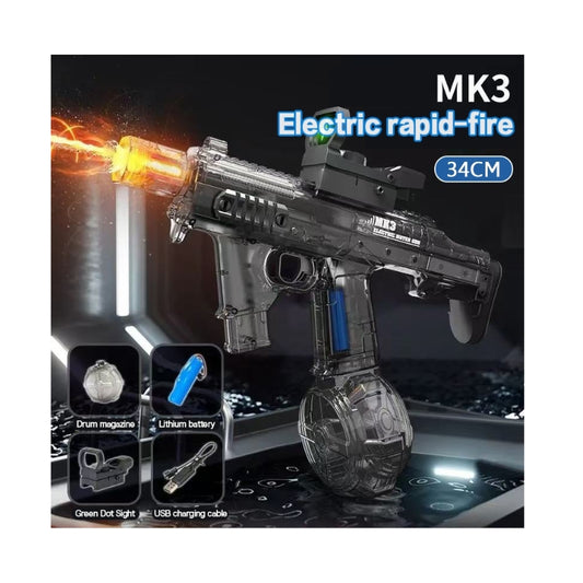 MK3 Electric Rapid-Fire Tactical Water Gun – Brand New Rechargeable Power Blaster with Drum Magazine & Green Dot Sight