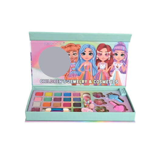 IGOODCO Children's Jewelry & Cosmetics Vanity Kit – Brand New Multi-Color Kids Makeup Palette with Eyeshadows, Rings & Mirror