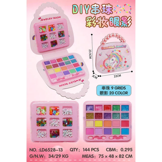 Unicorn Handbag DIY Bead Jewelry & Makeup Vanity Set – Brand New 20-Color Kids Eyeshadow Palette with 9-Grid Bead Kit